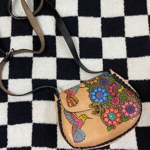 Floral and Bird Design Tan leather Crossbody Bag